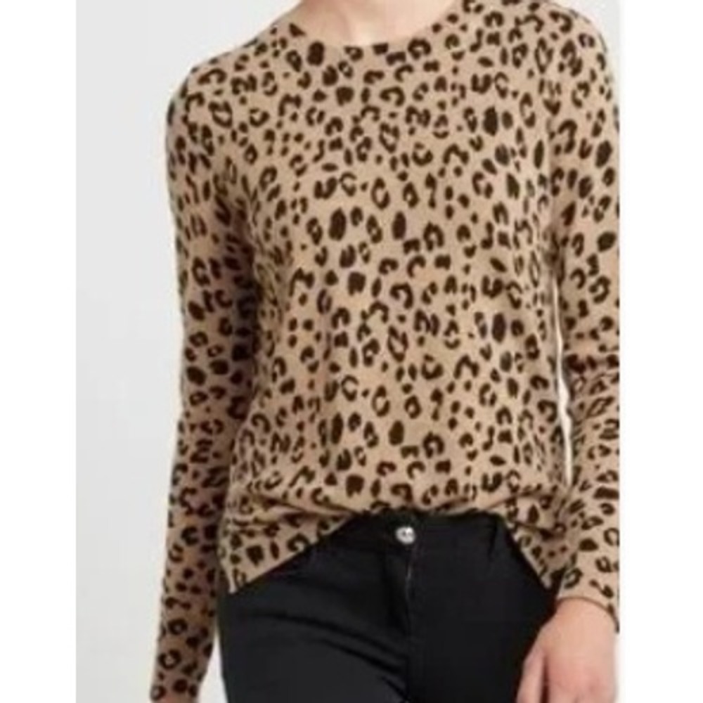 J.Crew Womens 100% Cashmere Leopard Print Crewneck‎ Sweater Tan Black XS 0824